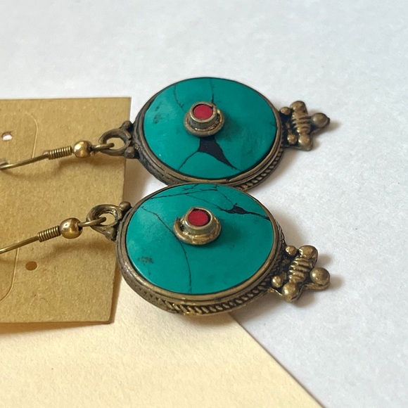 🏷️ circle boho turquoise & red dangling earrings - Picture 7 of 9